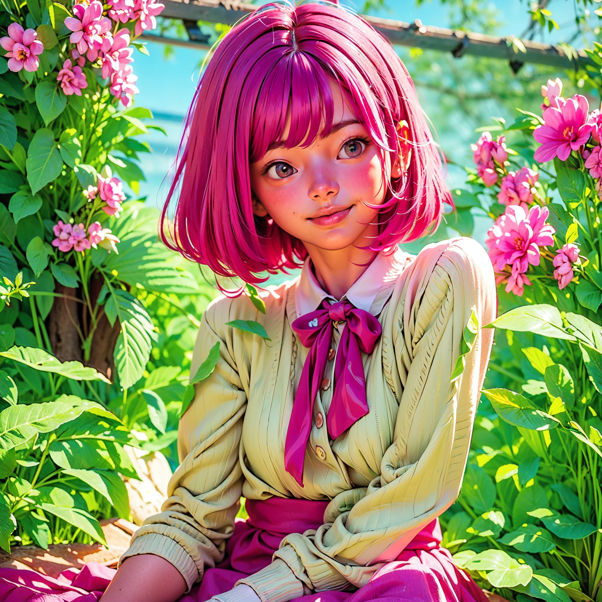 (8 k, RAW photo, Best quality, Owner:1.2), (realistic, photo-realistic:1.37), ultra-detailed, 1 girl, Cute, One, beautiful detailed sky, detailed face, night, is sitting, meet, (blushing), (smile: 1.1), (Shut up), Big breasts, beautiful gentle eyes, clasped, unbuttoned, (collared shirt: 1.1), the bow tie, pleated skirt, (short hair: 1.2), loose hair, long eyelashes, eyeshadow, Small face, big eyes, Full-length shot, bare shoulders, in a blooming garden.