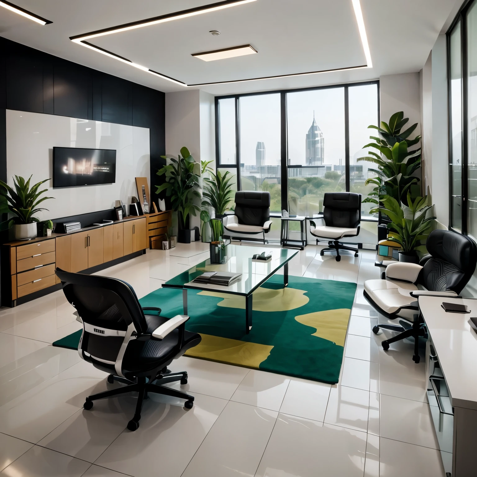 Modern office design with sleek lines, glass partitions, and ergonomic furniture, creating a professional and efficient workspace.