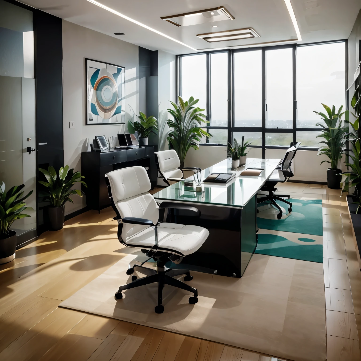 Modern office design with sleek lines, glass partitions, and ergonomic furniture, creating a professional and efficient workspace.