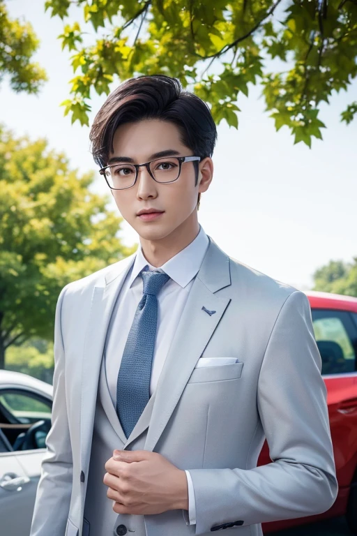(One wears silver-white titanium alloy thin-rimmed glasses、Wearing a white shirt、Asian man in suit and tie,About 30 years old.Height 180 cm)、best quality、masterpiece、ultra high resolution、(Photo realism:1.4)、original photo、(室外街道上One wears silver-white titanium alloy thin-rimmed glasses、Young handsome man in suit standing up、Standing under the red maple tree、Red and big maple leaves、delicate leaves、branch details)、(A white BMW car next to the man、Man's hands on car roof)shadow、octane rendering、8K、Super sharp、realistic light、(There is only one car on the street、man's shining eyes、looking in the direction of the camera)、小LED、Ultra high quality、 High、 gentleman、very beautiful hair、 bright photos、 As handsome as a model、 As handsome as an idol,Professional profile photo, Professional portrait photos、Realistic portrait photos, Detailed color portrait, Portrait of an idol, High quality portrait.