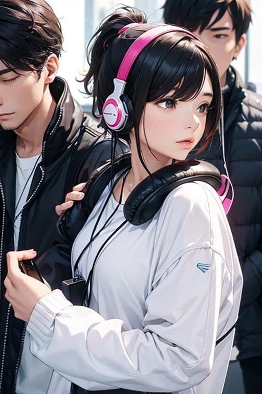 man,woman,A woman with headphones around her neck holds a mobile phone over her shoulder towards a man&#39;s neck