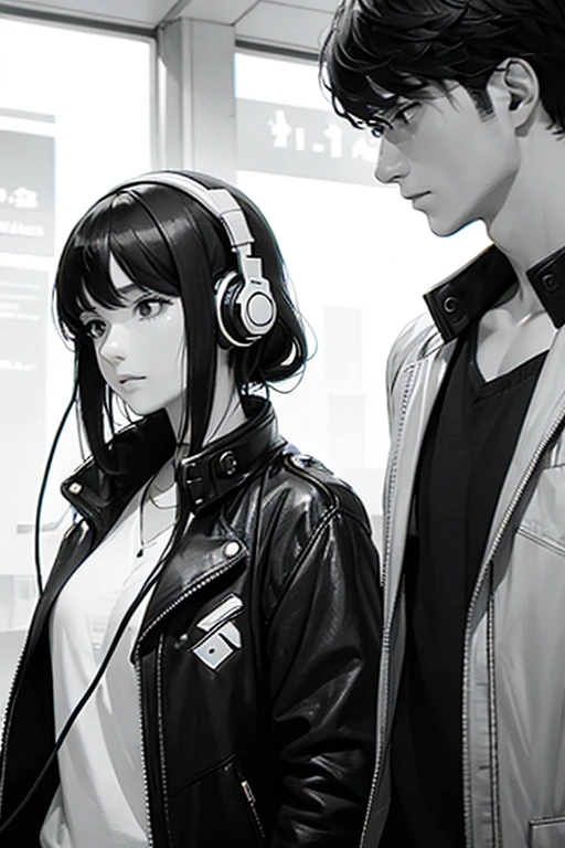 man,woman,A woman with headphones around her neck holds a mobile phone over her shoulder towards a man's neck