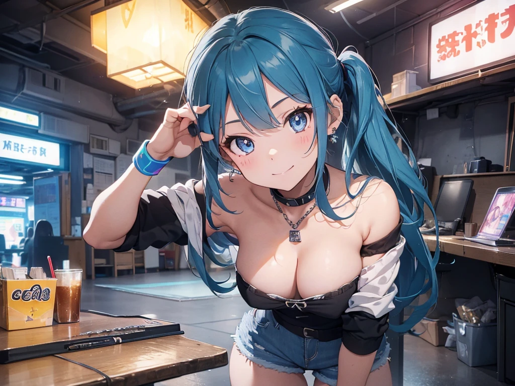 highest quality, Best image quality, girl, 20 years old, medium bust, Big breasts, sparkling tea eyes, rainbow hair, long hair, Wavy, High ponytail, ((Black short Strapless tube top)), distressed denim jacket, (distressed denim shorts), ((Thigh socks)), Smile, Hand tattoo, Diamond earrings, wristband, necklace, sit on the chair, There is an electric guitar, Guitar Playing, Leaning forward, Open one shoulder, elated, beautiful art, background((Hacker Room, Server room, neon lights, braces, notebook)), flight, Debris flying, writing border depth, Movie, visual art, Perfect art, real, super textured skin, super detail face, perfect face, Super fine facial details, beautiful and delicate eyes, perfect eyes, correct limbs, correct finger, super detail finger, best hair quality, best clothing quality, best prop quality, Verism, anime style, glowing light, cinematic lighting, masterpiece, high quality, 8K, masterpiece, anatomically correct, textured skin, super detail, best quality, 8k
