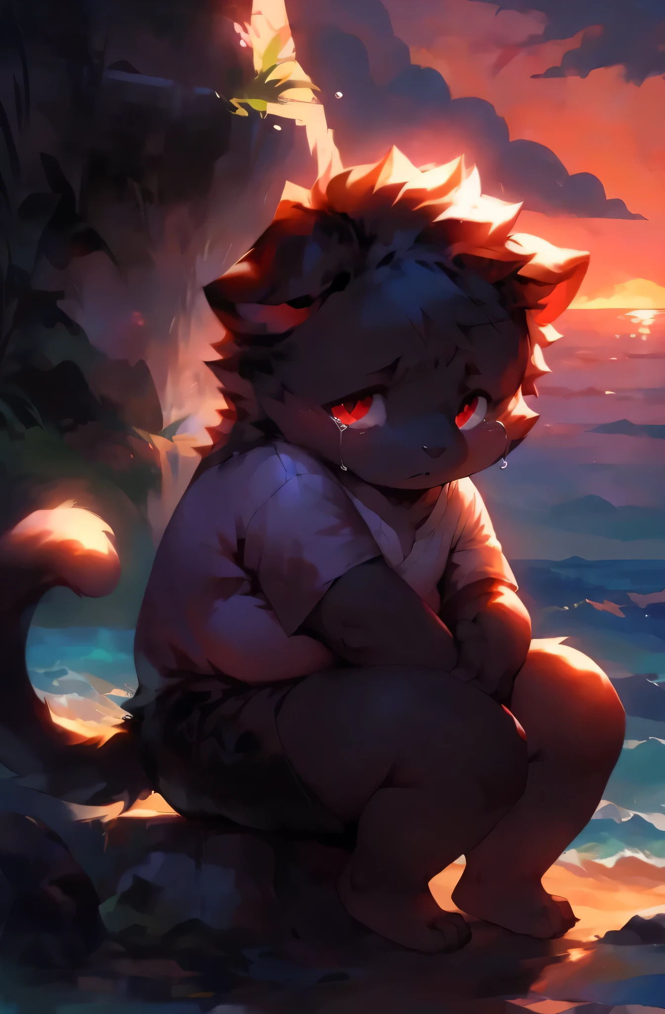 seaside，juvenile，black cat，overweight，sad，shorts，short sleeves，barefoot，cry，Evening sea，high quality，masterpiece，Alone，Squatting，fat，cute，aesthetic，Gilt，red eyes，
