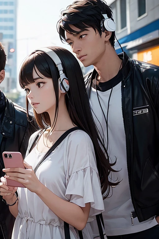 man,woman,A woman wearing headphones holds a mobile phone up to a man&#39;s neck