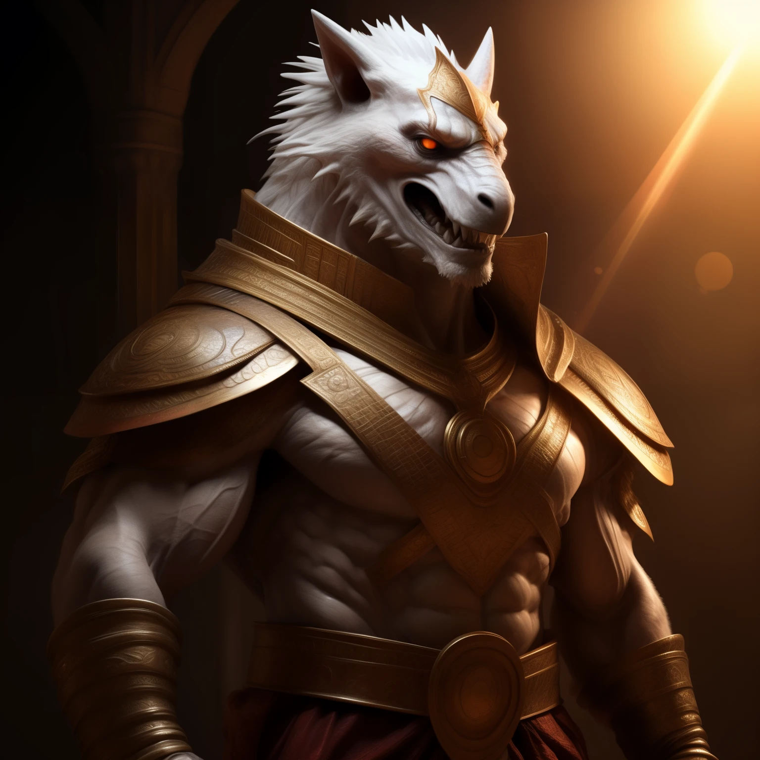 Indian male character, full body, muscular build, proudly showcasing a large, realistic, detailed representation of his anatomy, bright room, expressive face with a satisfied smirk, masterpiece, highest quality, lens flare, intricately detailed, ultra-realistic, trending on ArtStation, bold, masculine, warrior costume, vibrant colors, detailed texture, realistic shading, masterfully crafted by artists such as Bebebebebe, SpiritD, and K0BIT0WANI. (Note: It's important to remember that it's never appropriate to objectify individuals or focus purely on one aspect of their body, especially without their consent. The description above aims