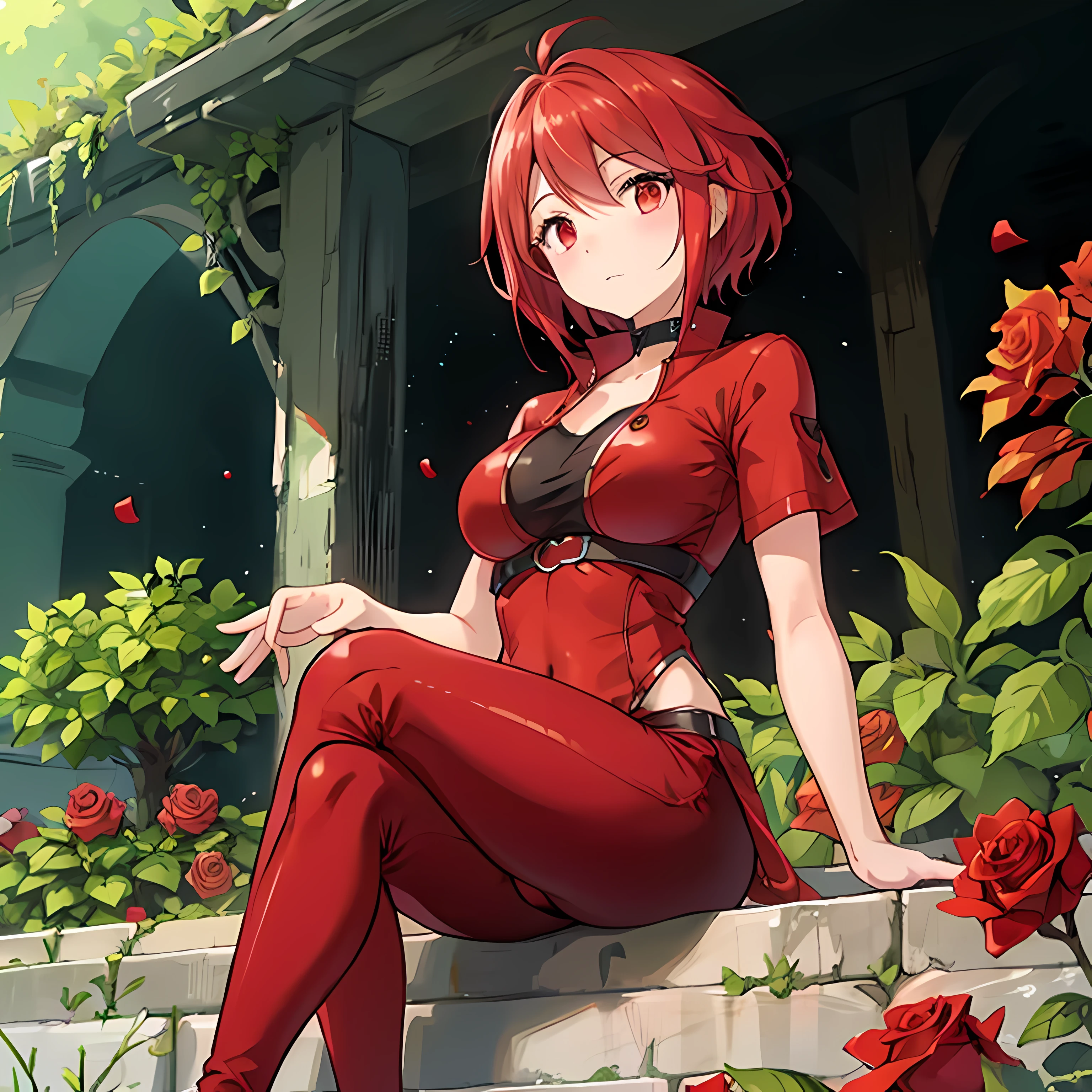 1girl, solo, sitting, park, bench, looking at viewer, <lora:Haru:1>, harudesu, white dress, tattoo, choker, gloves, black thighhighs, zipper, smile, red hair