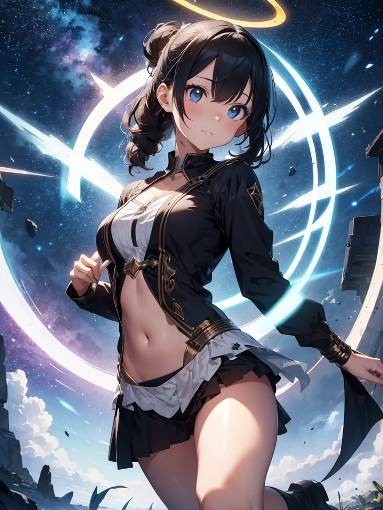 a goddess of the magic, sexy and beautiful, upright star totem float behind the back, magic circle on feets, halo, super textured skin, super detail face, perfect face, Super fine facial details, beautiful and delicate eyes, perfect eyes, anatomically correct, correct limbs, correct figner, super detail figner, best hair quality, best clothing quality, best prop quality, best halo detail and quality, best magic circle detail and quality, complex halo detail,