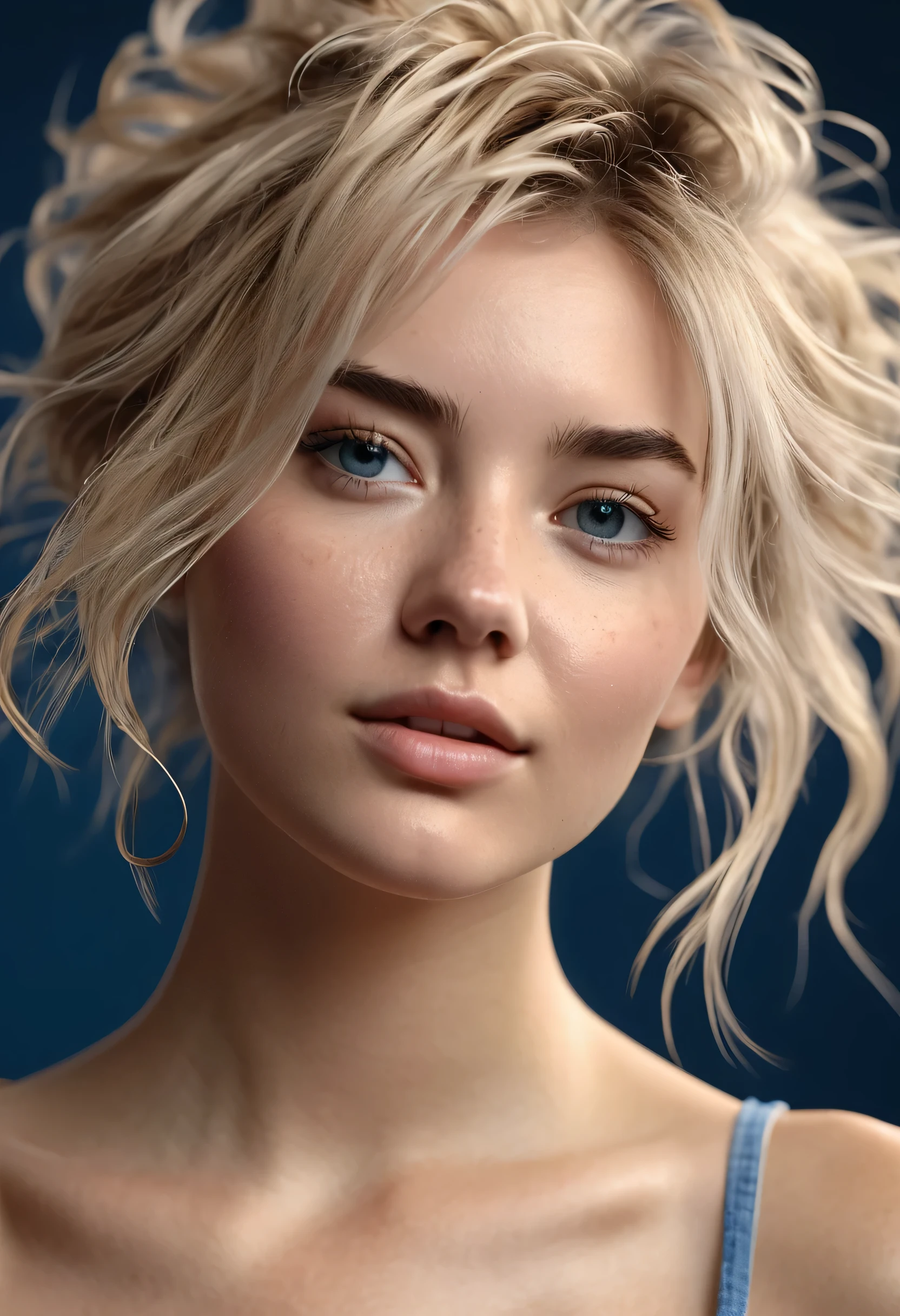 Photorealistic of an insanely beautiful woman, Kate 19 y.o. with blonde windy messy hair, in the style of panasonic lumix s pro 50mm f/1.4, light beige and dark azure, celebrity images mashups, soft realism, barbiecore, unreal engine 5, 32k uhd, luminous quality, swiss realism, niji 5