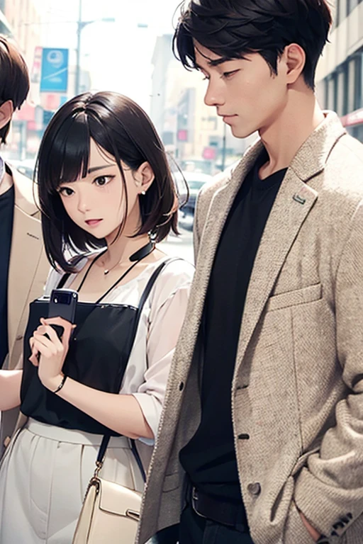 man,woman,A woman holds a mobile phone to a man's neck