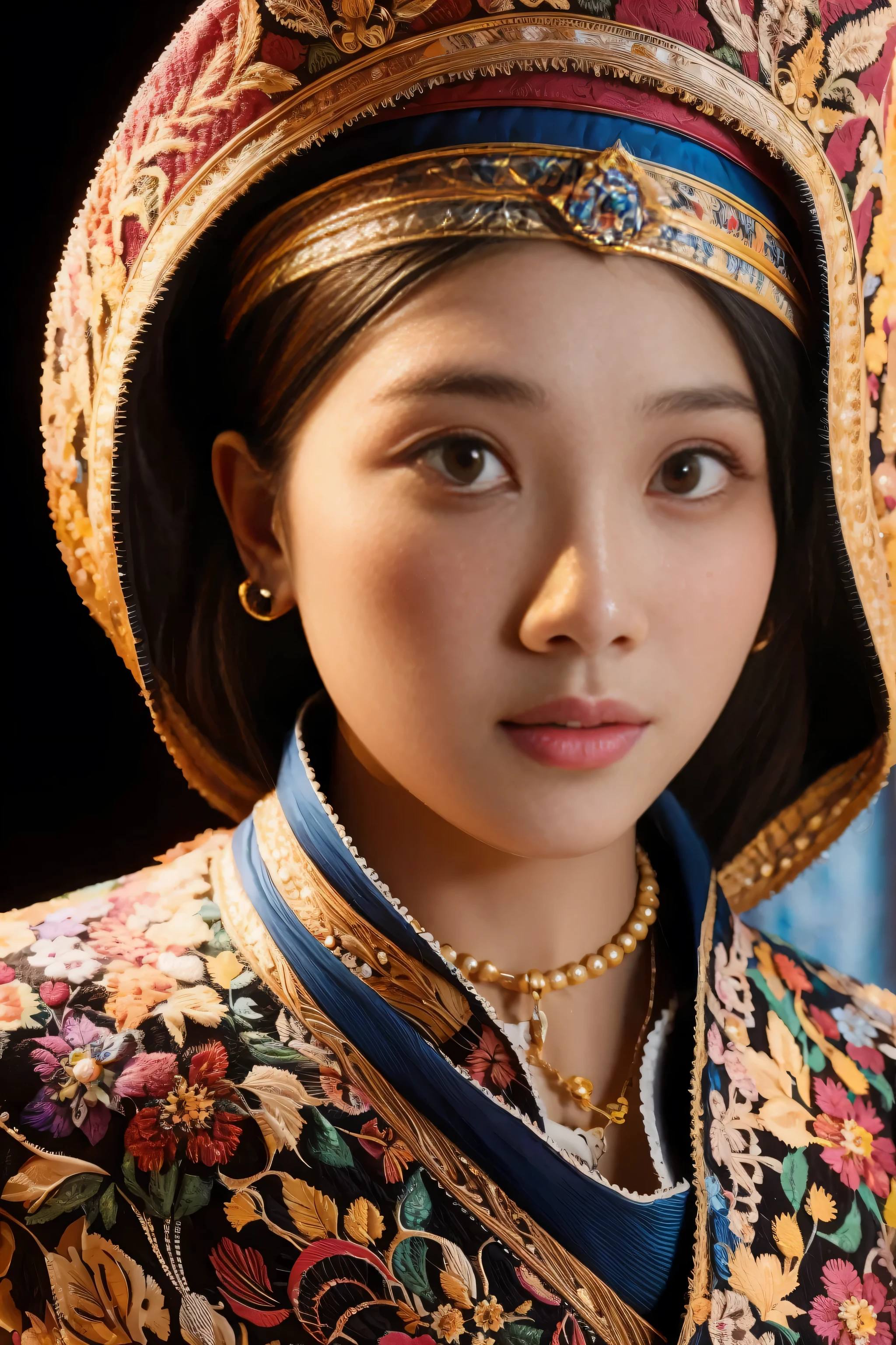 best quality, ultra-detailed, portrait, Indonesian traditional cloths, beautiful detailed eyes, beautiful detailed lips, long hair, feminine, traditional headpiece, ornaments, rich colors, bright background, studio lighting