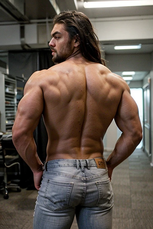 muscular manly man Jason Momoa,  45 years old, full body with his back turned, naked grey white jeans. 