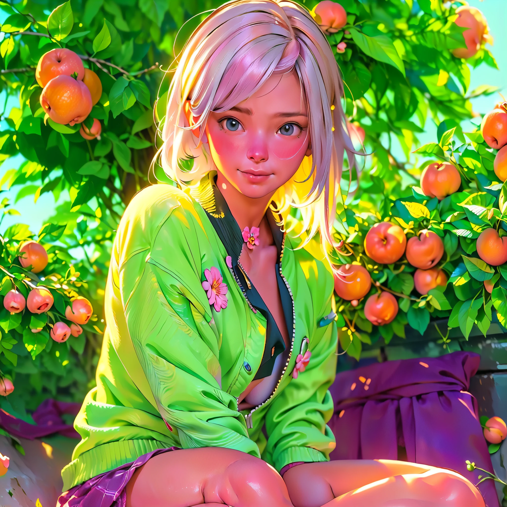 ((1 girl with an open face), (full-length, very cute)). ((young white girl, white hair),(NSFW), (orange:1.1, white:1.3, yellow:1.3), ((8K, RAW photo, Best quality, owner:1.2), (realistic, photo-realistic:1.37), ultra-detailed, 1 girl, cute), (Alone, beautiful, detailed face)). ((Night, sitting, meeting, (blushing), (smile: 1.1), (Shut up), beautiful peach breasts, tender eyes, unbuttoned, (shirt with collar: 1.1), (Pleat skirt), (loose hair, long eyelashes, eye shadow, small face, big eyes, full-length shot, bare shoulders, in a blooming garden)). ((bare parts of the body), (down jacket: 1,2), (Body jacket, thong, short T-shirt )). ((flowers, fruits)).((Perfect, beautiful), (picturesque background, attention to detail of the girl's face, figures, flowers)). ((artistic digital painting 8k, photorealistic concept art), (soft natural volumetric cinematic ideal warm light, cold shadows), (masterpiece)).