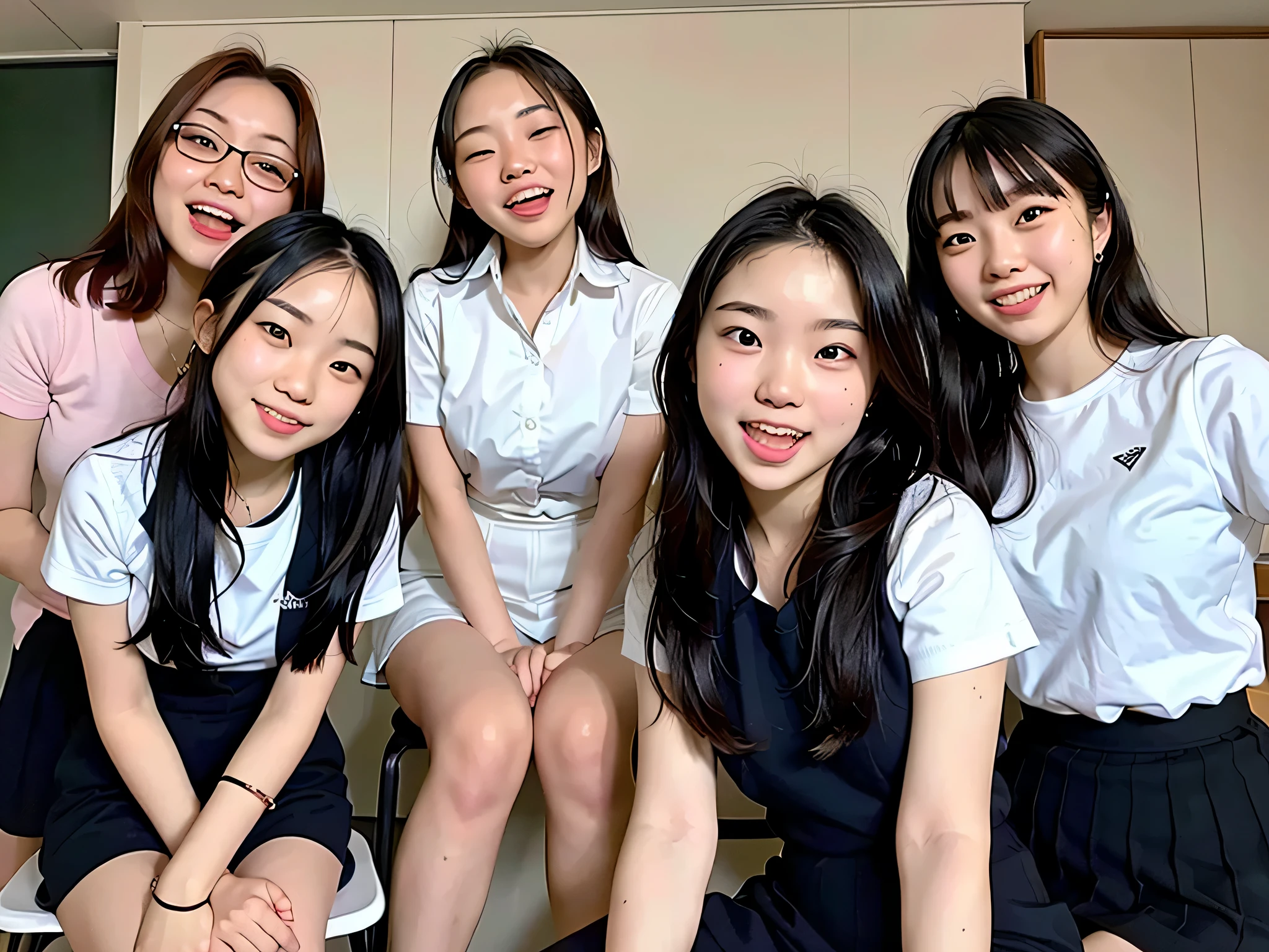 Highest image quality,distinct,8K,highest quality,masterpiece,Group of five girls standing in a row, cute face, highest quality, realistic, Raw photo, professional photography, (The photo was taken from a little distance away, so、You can see the girls&#39; thighs and above.),precise anatomy,Distinct facial depiction,, pleated skirt , low angle shot, All girls are looking straight at the viewer, girls with wide-open mouths laughter, girls squinting, laughter, low angle shot, laugh at, In the classroom.girl talking,laughter,The girl looks down on the viewer with cold eyes.,A girl makes a scary face and intimidates viewers,A girl who commands the viewer,girl scolds viewer,Angle of view from below,The girls are looking down at the viewer from above..tease,Girl blackmails viewers,shout out loud,Scary girl,Provocative pose,provocative,big mouth,open your mouth,Angle of view from below,Girl in arms,laugh at,girl laugh at,sadistic girl,sadistic smile,open your mouth wide,laughter,laughter,Angle of view from below,issue strict orders,Let&#39;s get started,Girls who warn loudly,open your mouth wide,Intimidation,blackmail,A look of contempt,contempt,contempt,contempt,A look of contempt,Intimidation,intimidating,Lined up,line up in a row,An amazing piece