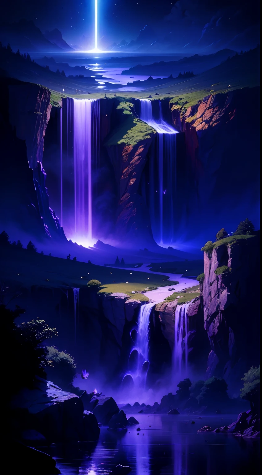 Purple butterfly waterfall, many butterflyies illuminating a purple waterfall, bioluminescent alien butterflies, Verdant luscious purple cliffs, falling waterfall, purple butterflies throughout, purple butterfly motif, Natural landscape, blue and Purple color scheme only, blue and Purple colors only, blue and Purple, Made in Abyss, Stormlight Archive, Studio Ghibli, Anime Key Visual, by Makoto Shinkai, Deep Color, Intricate, 8k resolution concept art, Natural Lighting, Beautiful Composition, Xianxia style