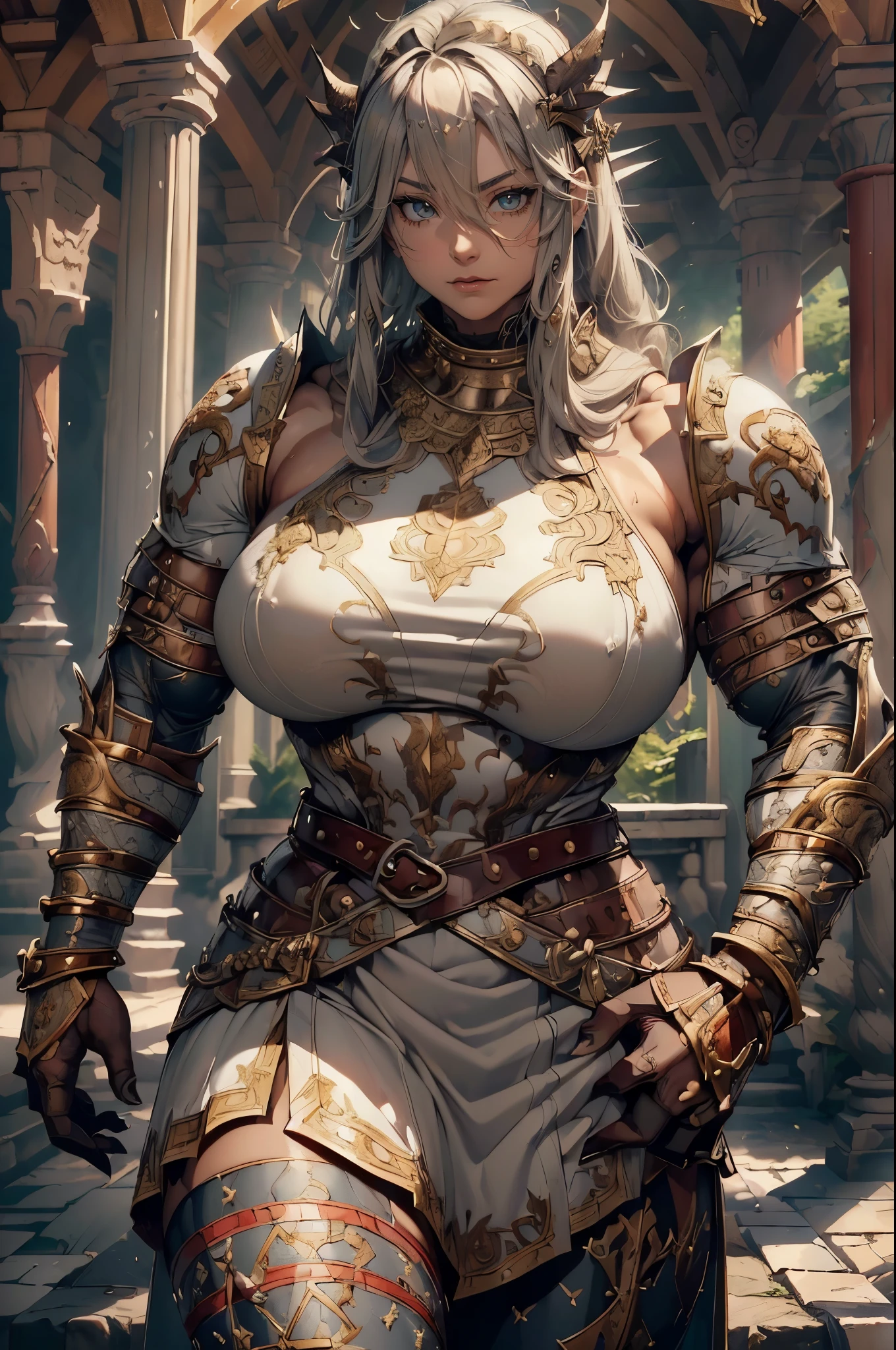 Greek warrior goddess of wrath and punishment, Nimimis, Silver hair, in long Greek toga, cool beauty, big breasts, muscular body，Looks stern and relentless Description of the precise pointer Ultrra, photorealistic, super detail, master part, best quality, A high resolution, 8k, armor, huge cross,((detalhes intrincadoantasia sombria (/Estilo/), atmoshere sombrio, (menina succubus bonita, cabelos longos), (roupa de renda preta sexy), (horny expression) , cores silenciadas, sharp focus, cinemactic, (Pose de caminhada, dynamic pose), trending on ArtStation, (majestic oil painting by Ed Blinkey, Atey Ghailan, Directed by: Jeremy Mann, Greg Manxadinho),NSFW,Estilo de OHWX, (beautiful symmetrical swollen eyes), ((((huge muscles)))),(best lighting) , (super-complex details) , 4K unified, (super-detailed CG: 1.2) , (8K: 1.2),(original), (masterpiece) , (best quality),(Masterpiece:1.4),Anime-ish high quality,(masterpiece),masterpiece, best quality, absurdres,((Masterpeace, 4k, 8k, highres))1girl, she is hiking up a mountain towards a mountain resort, hiking clothes, spring, boots, perfect figure, yellow short asymmetric hair, sweat, dynamic pose, ((body builder:1.5)),temple background,(beautiful bace),(girl),(female),(((upper body:1))),((​masterpiece、top-quality、ultra-detailliert、hight resolution、sharp focus))、1girl in、mature female、Perfect eyes、face perfect、Strong physique、bustshot、Savage woman、length hair、poneyTail、beautiful eyes、pompadour cut、Braids、(Warrior armor)、a belt、lanyard、gauntlets、Brown-skinned、Skindentation、The tattoo、Large scaruscle prominence々、tones、a navel、Developed abs、Sweat-soaked skin、thick thight、broad shoulders、Arm muscles、Leg muscles、Bewitching makeup、Fantasia、Detailed outdoor background、Look at viewers、Detailed hand depiction
