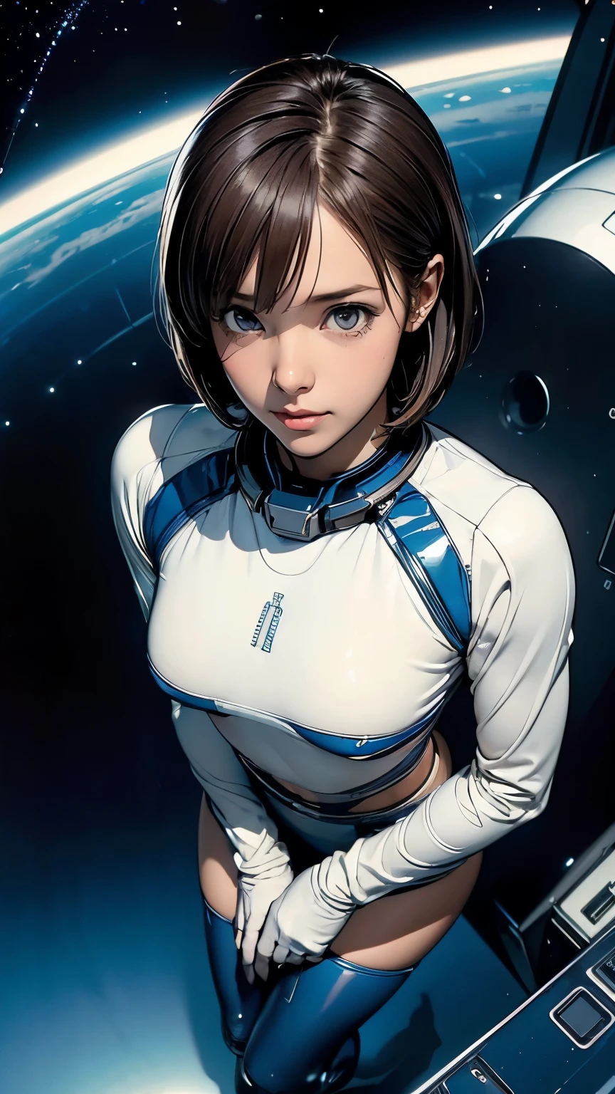 ((masterpiece, highest quality, highest resolution, clear_image, Detailed, Angle from above, woman in a spaceship)), full body figure, *********** girl, small face, thin, super short bob cut hair, blue colored eyes, blue and black extra shiny pilot suit, tight-fitting clothes, clothes that cover the whole body, tight fit pants, very delicate and beautiful, hide thighs, hide butt, cute type, gentle smile, soft expression, headset, knee high boots, gloves up to the elbow, eye level shot, face directly, ((cinematic, Interstellar film still))