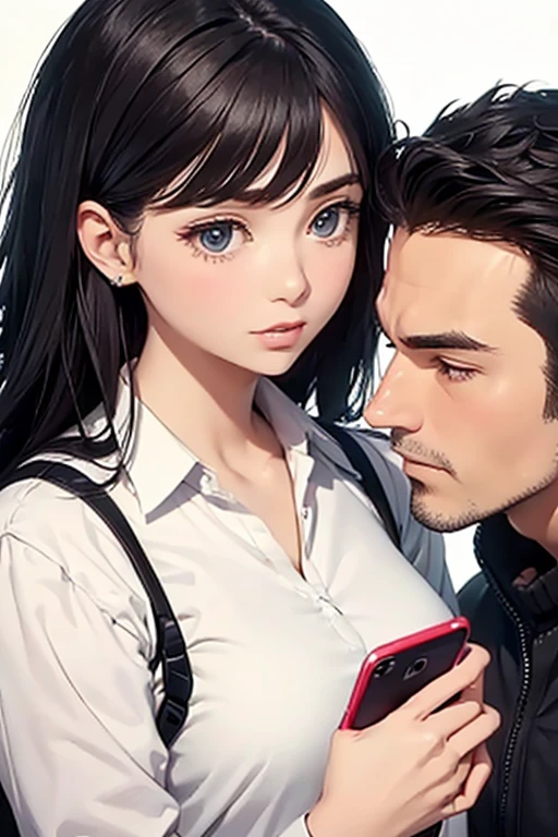 Woman 1, facing Man 1, holds her phone up to his neck