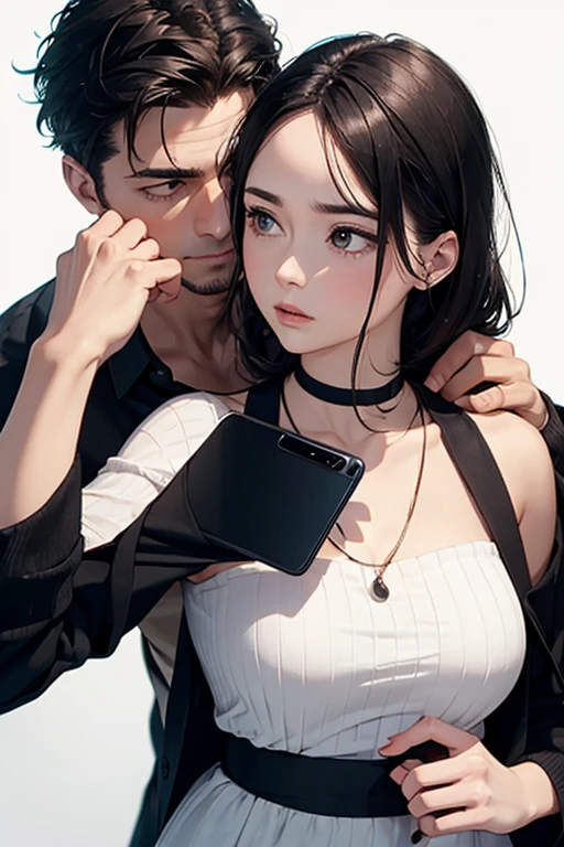 Woman 1, facing Man 1, holds her phone up to his neck
