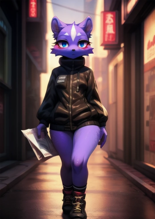 uploaded on e621, (by Whooo-Ya, by Sskomu \(artist\), by Kakure Eria),
solo female (cute purple skunk girl, blue eyes, Shikabane, a single small cute purple squirrel tail), slender body, thigh high socks,
(wear black jacket, ), (small breasts), black converse shoes,
((detailed fluffy fur)), (looking at viewer, full body shot, three-quarter view),
BREAK,
((Walking at city street on sunset day)), ( fog, mist, cyberpunk, neon light),
(detailed background, depth of field, half body shadow, sunlight, ambient light on the body),
(masterpiece, best quality, ultra realistic, 4k, 2k, (high detail:1.3),
(3d \(artwork\):1.2), blender \(software\), (soft focus:1.2), ray tracing, (unreal engine:1.3), absurd res),