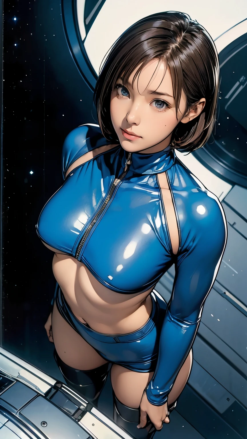 ((masterpiece, highest quality, highest resolution, clear_image, Detailed, Angle from above, woman in a spaceship)), full body figure,  girl, small face, thin, super short bob cut hair, blue colored eyes, blue and black extra shiny pilot suit, tight-fitting clothes, clothes that cover the whole body, tight fit pants, very delicate and beautiful, hide thighs, hide butt, cute type, gentle smile, soft expression, headset, knee high boots, gloves up to the elbow, eye level shot, face directly, ((cinematic, Interstellar film still))