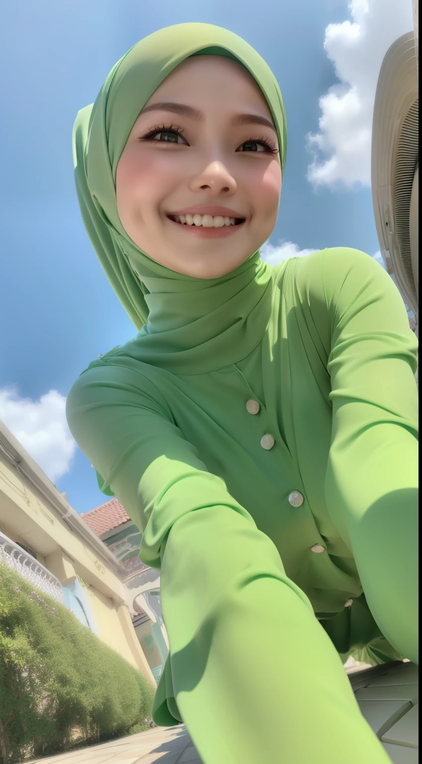 1 malay girl in pastel green color hijab, dynamic angle, soft laughter, unique appearance, long sleeve shirt,  high waist pants, ((view from below looking up)), (look down at the camera and smile). Afternoon,, huge breasts
