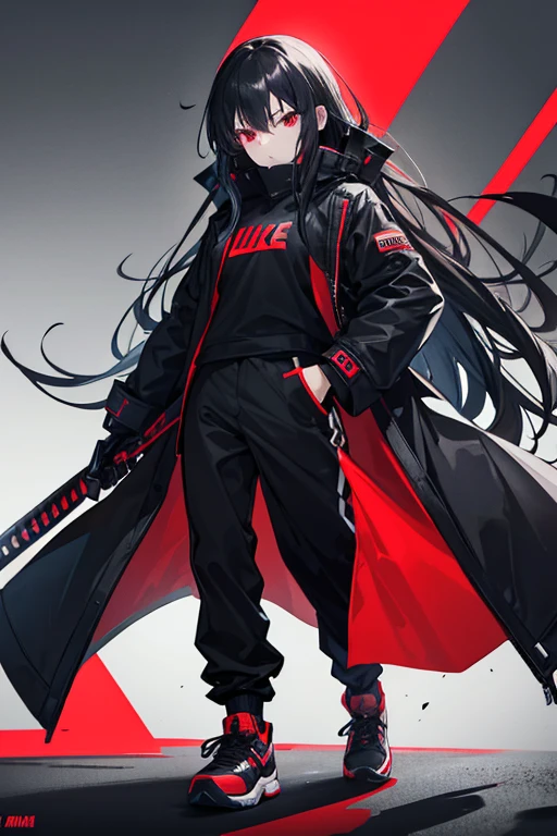 Girl coat black, gloves on hands, serious face, black pants, withe nike sneakers, long hair black, black shirt long of nike, red eyes, armor of samurai