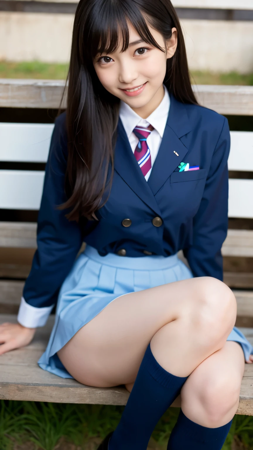 Best-quality, Masterpiece, Ultra-High-Resolution, (Photorealistic:1.4), Raw-Photo, the most famous Japanese idol, navy-blue Japanese high-school uniform, extremely cute face like the most popular Japanese idol, extremely beautiful big-black-eyes, extremely beautiful hair, extremely beautiful skins, extremely beautiful long-eyelashes, extremely beautiful lips, extremely beautiful thighs, looking at viewer, innocent-smile, dynamic-pose