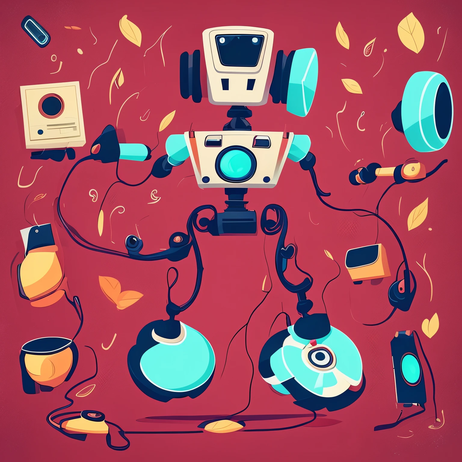 2D cartoon image of a friendly robot with headphones and a red backpack looking through a business sale full of headphones, cargadores, una radio y de fondo un cielo con atardecer en tonalidades rosas y moradas, while petals fall from the flower of a maquilishuat tree 