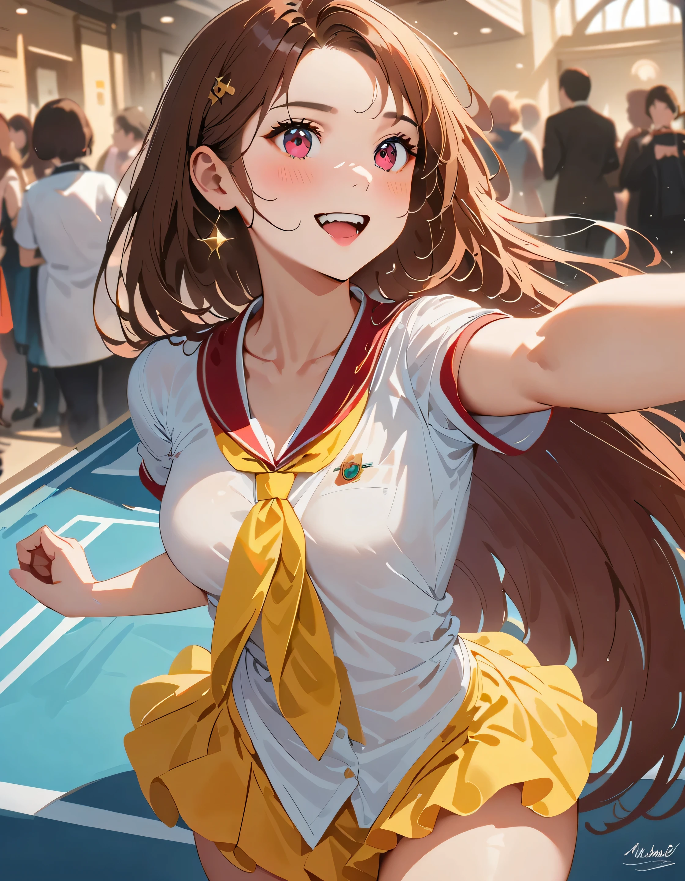 1 garota sozinha, colegial, sentada na mesa do professor, expression of joy, em uma sala de aula. Inspirado em Marin Kitagawa de Sono bisque dolls, long flowing hair, cabelo solto e detalhado, com roupas de colegial com a barriga a mostra, corpo definido de academia, corpo fitness, iluminacao natural,(obra de arte, melhor qualidade:1.1), fotorealista, RAW, qualidade de camera profissional, Nikkon Camera, detalhes intrincados, 4K, anime realista, muito detalhado, very defined and clear image, imagem com profundidade de campo, iluminacao de cinema