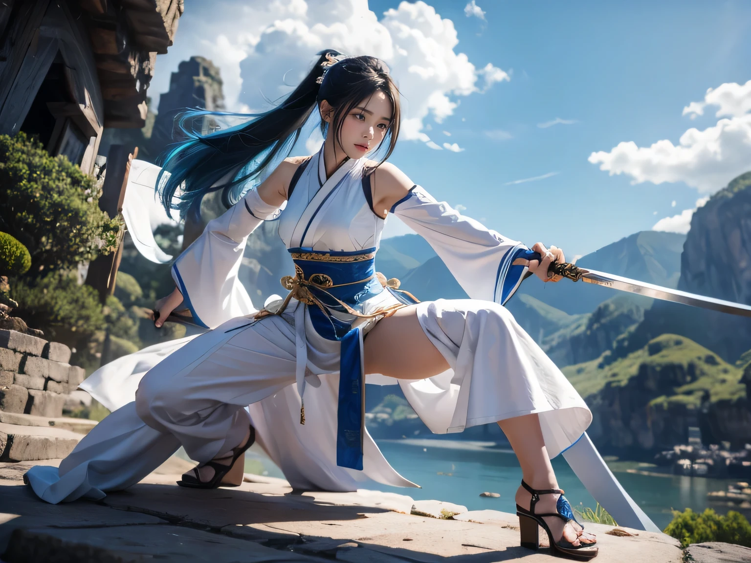 4k,woman 18 year olds, She wears a very sexy and thin white hanfu outfit, revealing her chest and pussy,She has blue hair that reaches down to her ankles,She wields a long sword, striking a martial pose.,Her eyes are golden,oiled body,background features a mountain with clouds,full body image.