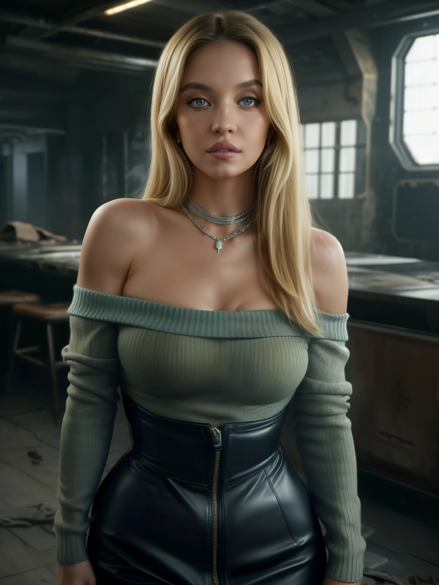 gorgeous woman (sysweeney), Solo, Long hair, Looking at Viewer, blonde hair, Bare shoulders, blue eyes, jewely, Full body, a necklace, off shoulders, Sweaters, Realistic, A sexy, leather, ruined living rom background, apocalyse, mad max setting