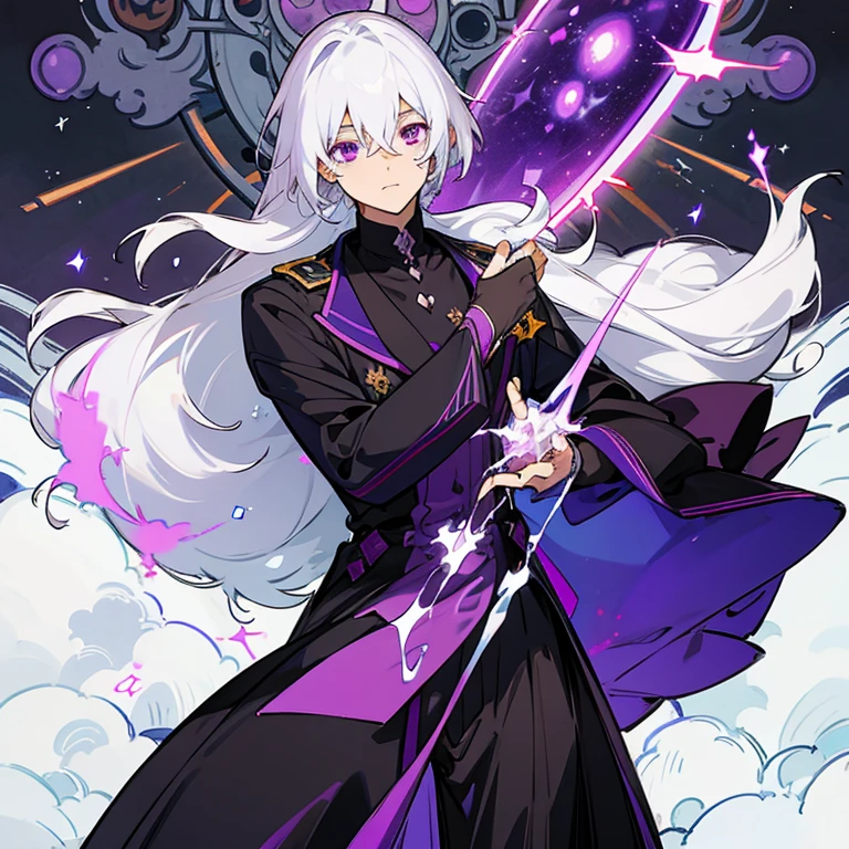 Young man covered in cosmic energy with white hair and purple eyes,con traje de asesino negro y morado