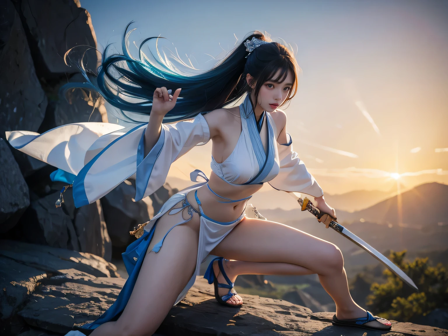 4k,woman 18 year olds, She wears a very sexy and thin white hanfu outfit, revealing her chest and pussy,She has blue hair that reaches down to her ankles,She wields a long sword, striking a martial pose.,Her eyes are golden,oiled body,background features a mountain with clouds,full body image.