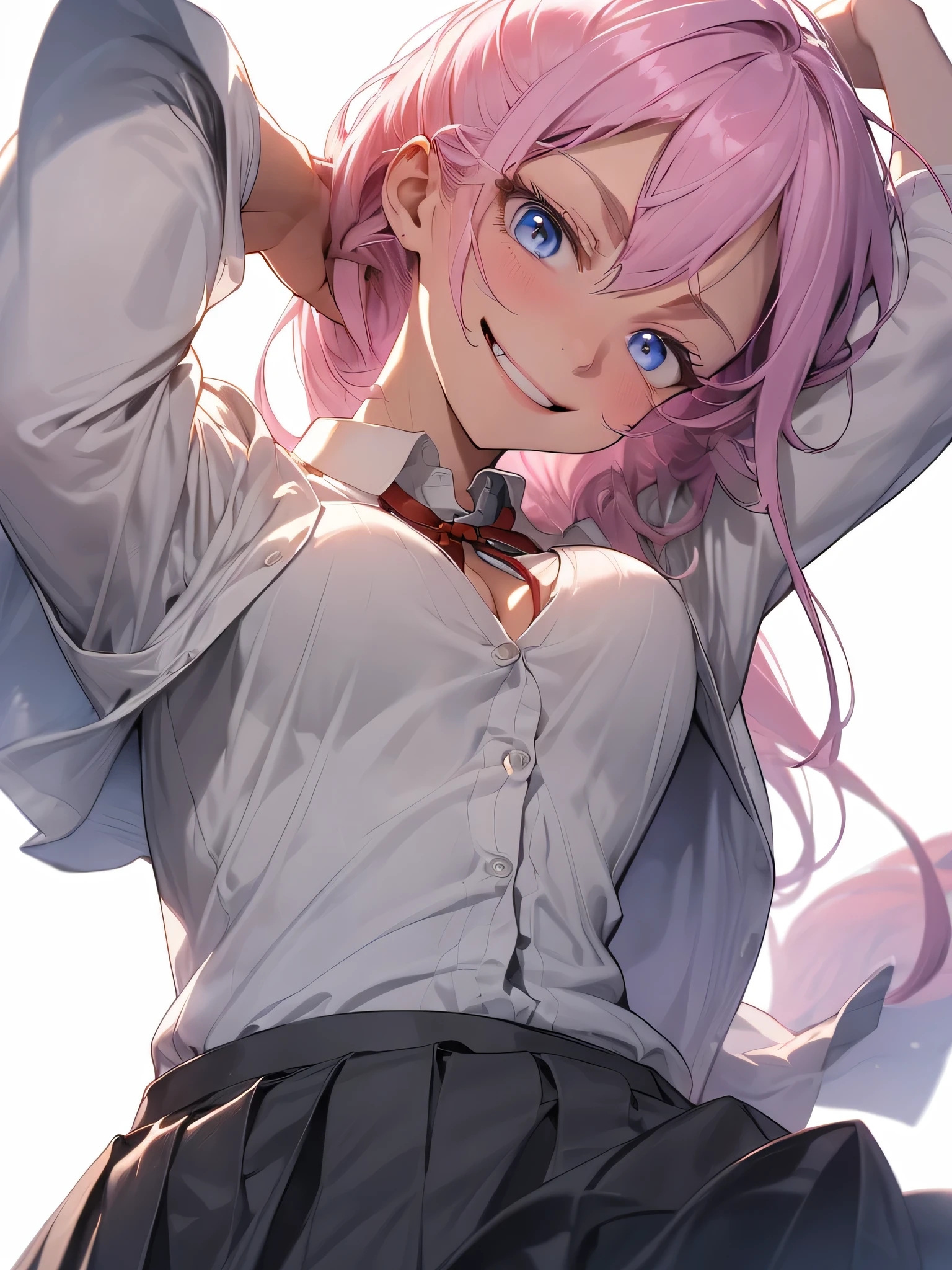 (It was glaring, shiny skin, Super detailed),((1 girl)),(perfect face, detailed face, fine eyes,perfect hands,perfect fingers), (medium breasts:1.2,evil smile:1.4),(mature woman:1.4),cowboy shot,thick,throw, (from below:1.4),miyako shikimori, long hair, blue eyes, hair between eyes, pink hair, skirt, shirt, , white shirt, pleated skirt, collared shirt, sweater, grey skirt, ribbon, red ribbon, black sweater,((8k wallpaper)),bare chest,cleavage, window,chest comes out,transparent clothes、(((white background)))、fold your arms behind your back、join your hands behind your back