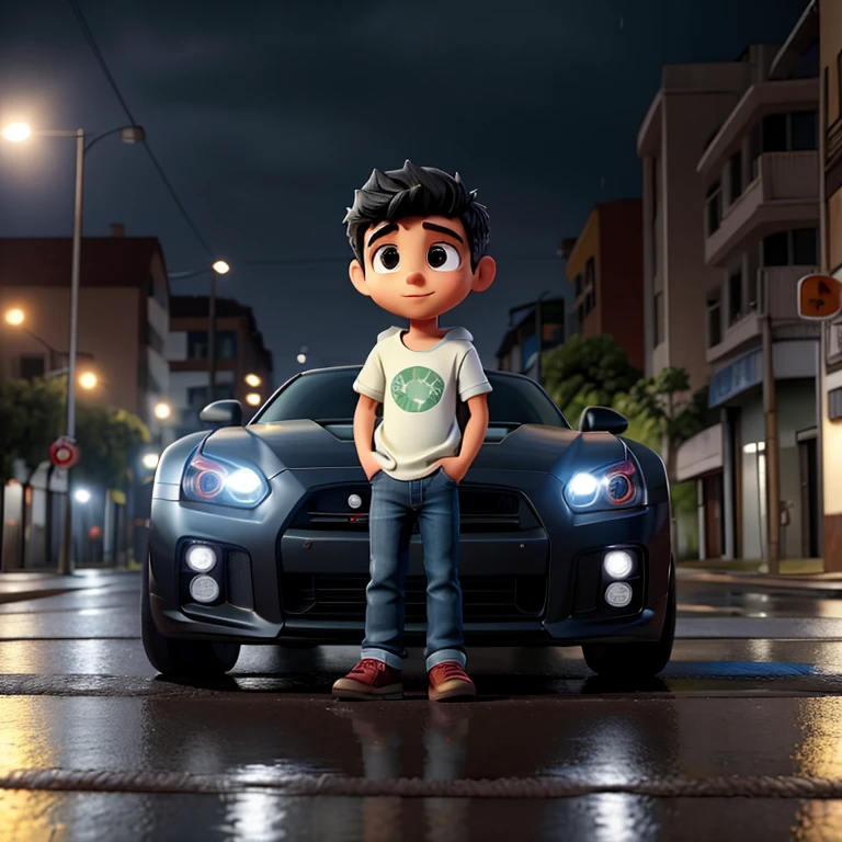 Descreva a cena de um jovem com capuz, vestindo um moletom preto e jeans, standing on the sidewalk on a rainy night. He is looking at a shiny GTR R35 car passing on the road., Your admiration visible in your eyes. The light from the headlights reflects on the puddles of water around you, enquanto a chuva cai suavemente sobre ele. O som do motor potente ecoa no ar, misturando-se ao som da chuva. The boy remains motionless, captured by the elegance and speed of the car, dreaming of the day when you can be behind the wheel of such an impressive machine.