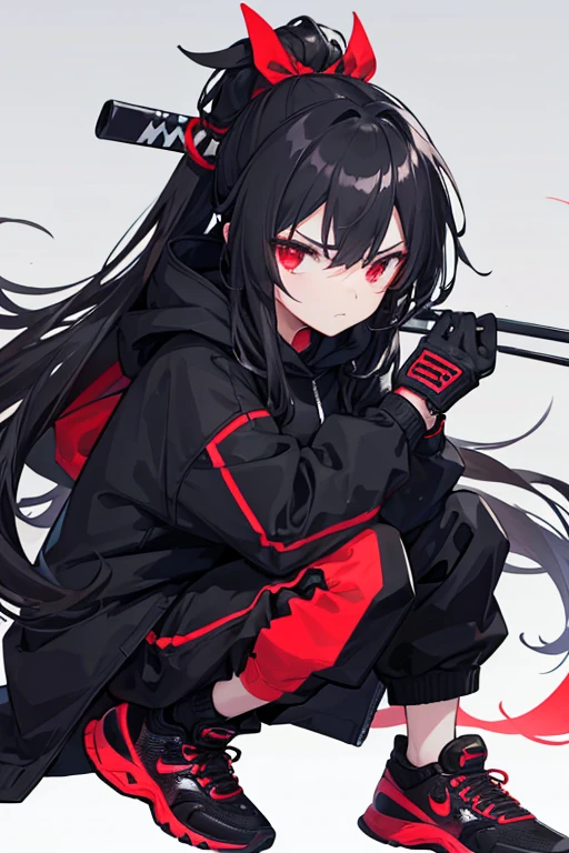 Girl coat black, gloves on hands, serious face, black pants, withe nike sneakers, long hair black, black shirt long of nike, red eyes, armor of samurai, hoodie