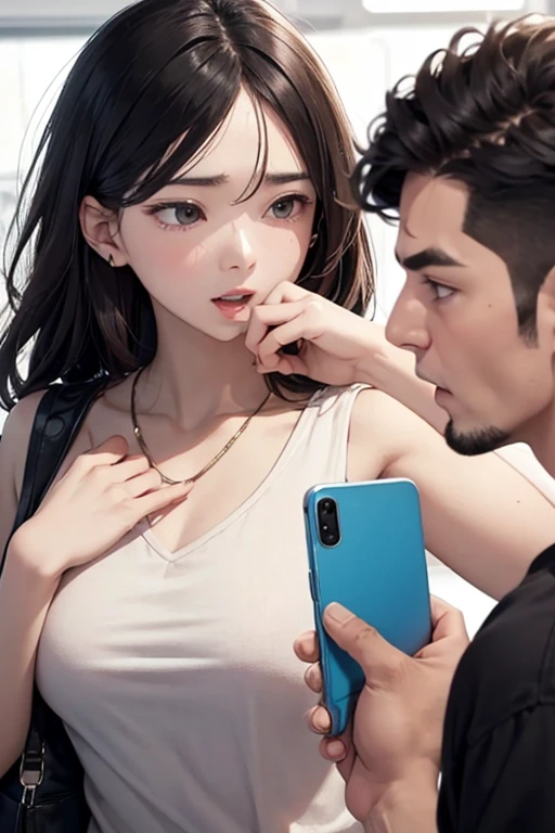 Woman 1 holds her phone down Man 1's throat、Women are in front