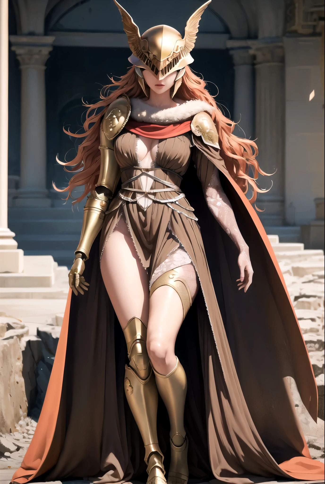 Highly detailed, High Quality, Masterpiece, beautiful, 1girl, prothestic leg, single mechanical arm, prosthesis, MaleniaDef, armor, cape, helmet, brown dress, full body,