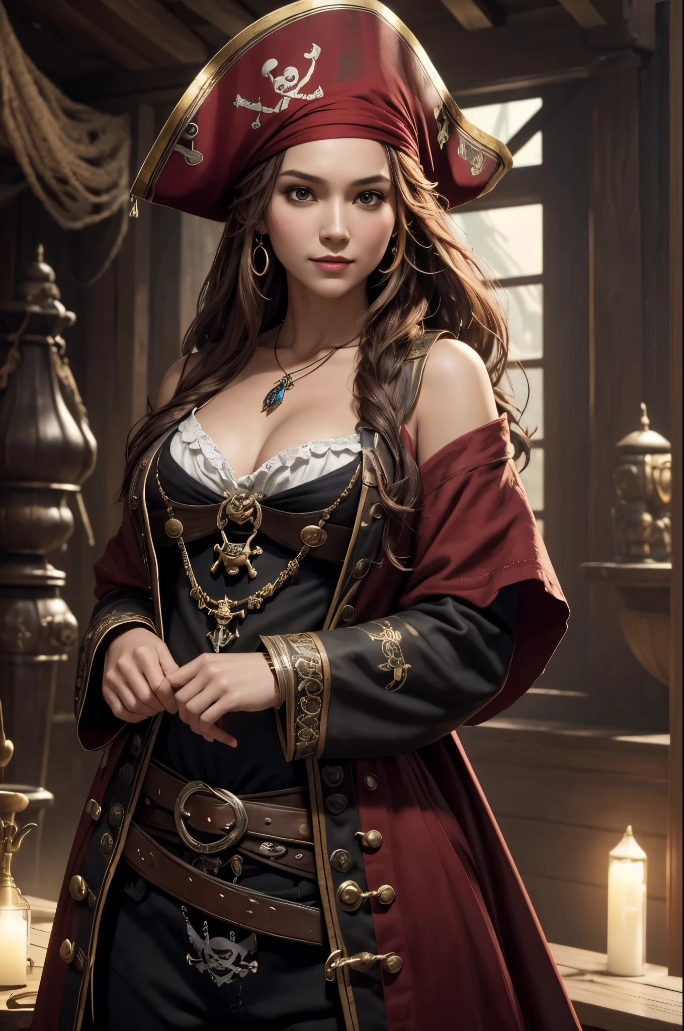 8K,(masterpiece, Interesting image of a pirate dressed in red tones、enchanting pirate..:1.3), (A captivating depiction of the perfect combination of charm and adventure..:1.2), (Carefully crafted to bring out the character's charm to the fullest..:1.2), (Attractive pirate wearing an attractive pirate costume that makes your figure stand out...:1.1), (A balance between classic pirate elements and modern sensuality..:1.1), (her confident and brave look ::、Further enhance her mysterious charm..:1.1), (Also pay attention to the set contents...., From low necks to luxury accessories..:1.1), (The background captures the essence of the pirate world.., Packed with treasures and adventure tips:1.1), (While embracing sensuality..、 depiction, interest and adventure.:1.1), (A mix of attractive aesthetics and piracy 、Create visually appealing elements:1.1), (This image or viewer、Imagine the stories and adventures of this charming pirate character。..:1.1), (A work of art that celebrates both imagination and charm in a vibrant and captivating way..:1.1), (魅力的な公海の魅力とenchanting pirateの世界への状..:1.1)), movie, super detailed, insane details, beautiful gradation color, Every time , Hypersite, megapixel,anti-aliasing, nffsw, NBTC's.., EGAT.., s., post-processed, post production, tone mapping, ....CGI, VFX, special effects, detailed and complex, Hyper Maxim, wonderful, Volume measurement, realistic portrait, Super photorealistic, super detailed, intricate details, wonderful detailed, full color, Volume measurement lightning, EGAT.., realistic, unreal engine, 11, sharp focus, octane render,dynamic pose,smile,