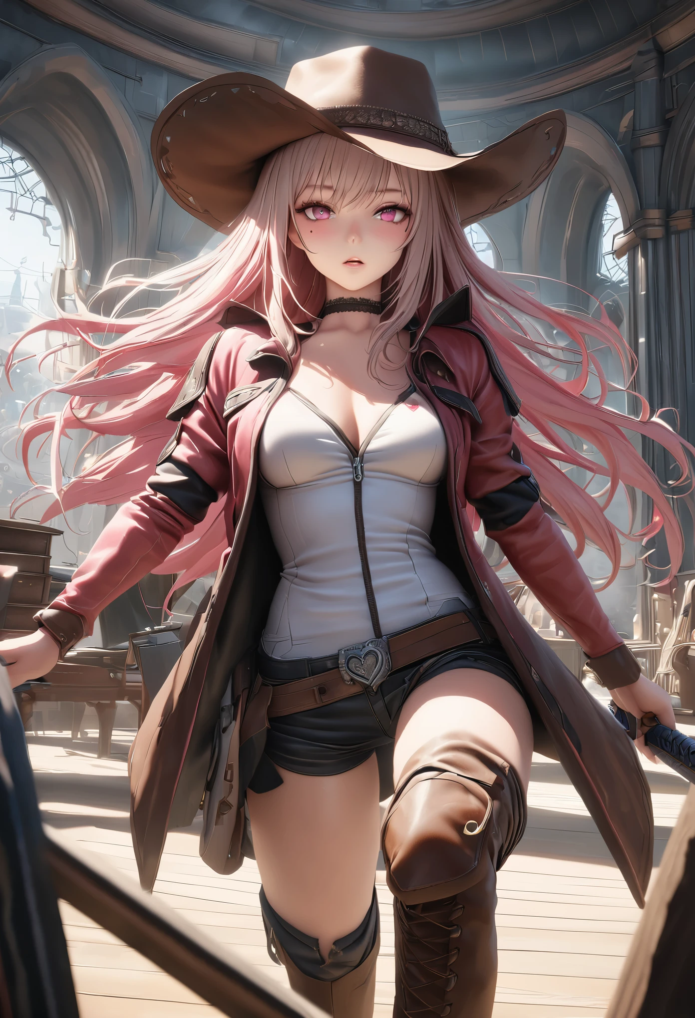 masterpiece,highest quality, Super detailed, High resolution, expensive resolution, HDR, 4k, 8K, unity 8k wallpaper, Super detailed CG, masterpiece, realistic, 2D, 3D, beautiful details, depth, fine texture , super fine: 1.3, Fully focused, Crispy.skin, .he,
Very cute anime girl 、cowboy styleの衣装、cowboy hat、cowboy boots テキカン 荒野、duel、long swordを持つ、Pink semi-long hair wearing expensive , one girl、alone, Pink semi-long hair, cowboy style、cowboy hat、long sword、duel、cowboy boots、computer、disk、mole under the eye, looking at the viewer , expensive , blush, mole, parted lips, hair ornaments, heart, pink eyes, choker