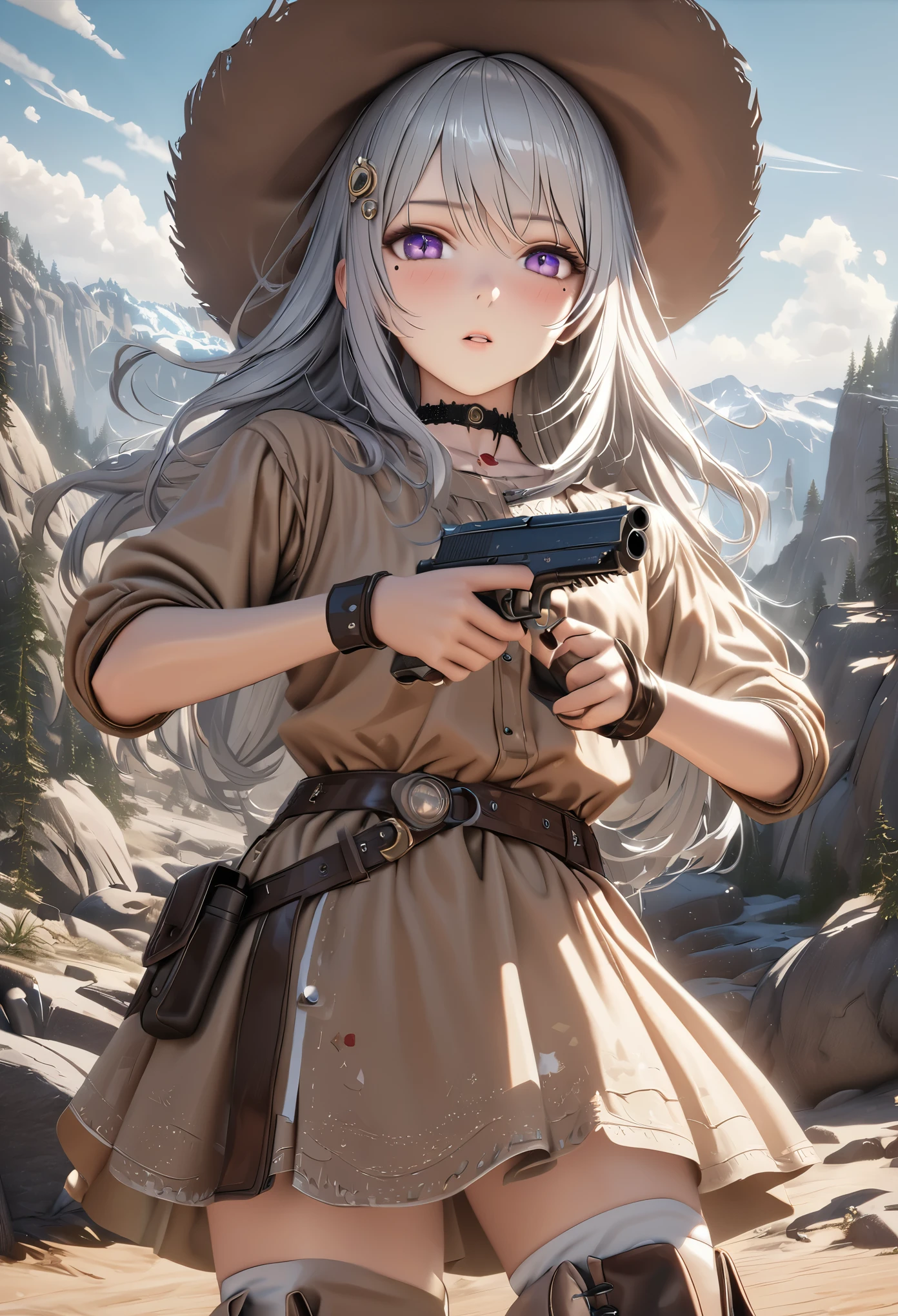 masterpiece,highest quality, Super detailed, High resolution, expensive resolution, HDR, 4k, 8K, unity 8k wallpaper, Super detailed CG, masterpiece, realistic, 2D, 3D, beautiful details, depth, fine texture , super fine: 1.3, Fully focused, Crispy.skin, .he,
Very cute anime girl 、Desolate wilderness、cowboy styleの衣装、cowboy hat、cowboy boots、hand gun、mexican wilderness、duel、hand gunを持って立っている、long silver hair wearing expensive , one girl、alone, long silver hair, animal ears, Cat ear, cowboy style、cowboy hat、hand gun、duel、cowboy boots、computer、disk、mole under the eye, looking at the viewer , expensive , blush, mole, Cat ear, parted lips, hair ornaments, heart, purple eyes, choker