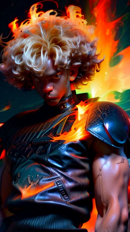 a close up of a person with a black face, Afro American man, black curly Afro, muscular, God, Face resembling Rhea Ripley, Flame Aura, anime art wallpaper 4 k, high resolution, beast form,anime art, black man, glowing eyes, muscular,badass anime 8 k, anime epic artwork, 4 k manga wallpaper, ultra hd anime wallpaper