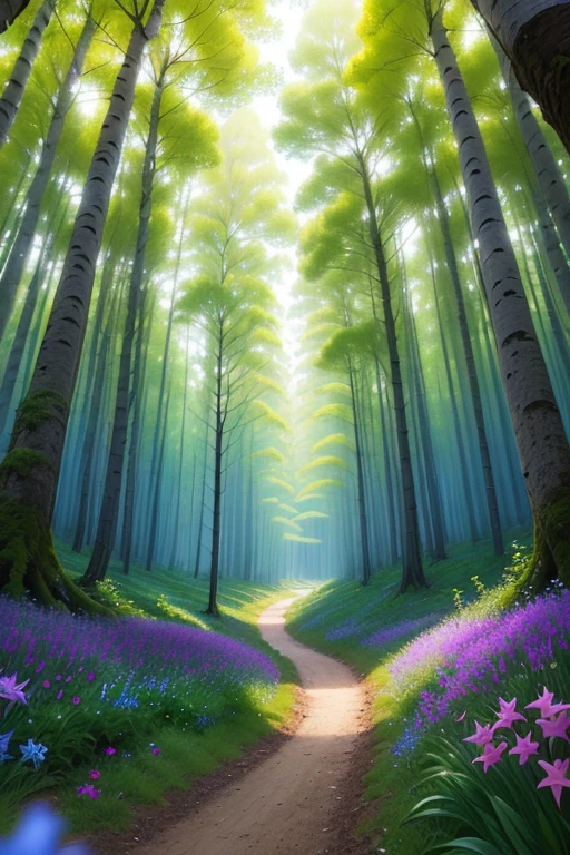 Liminal space, dream core, nostalgia core, forest area, birch forest, Virginia Bluebells, Meadowsweet, American Wintergreen, Tall Meadow-Rue, Star Flowers, false Solomon's Seal, Bunchberries, Speedwells, blue-bead lilies, dwarf Cinque foils