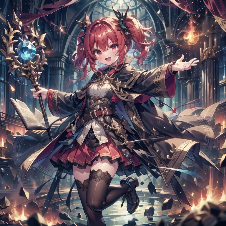 masterpiece,best quality, wizzard, short hair, ((red_hair)), ((twin tail)), 1girl, solo, thighhighs, skirt book, open-mouth, black-thighhighs, staff, boots, red-eyes, smile, pleated-skirt, fang, two-side-up, holding, red-skirt, blush, belt, looking-at-viewer, red-hair, long-sleeves, :d, holding-staff, capelet, magic, open-book, full-body, shirt, white-shirt, zettai-ryouiki, bangs, fire, standing-on-one-leg, standing, v-shaped-eyebrows, long-hair, miniskirt, floating-book, cross-laced-footwear, black-footwear hair-between-eyes, floating-object, black-capelet, floating, red-hair, coat, outstretched-arm, leg-up, lace-up-boots, breasts, holding-book
