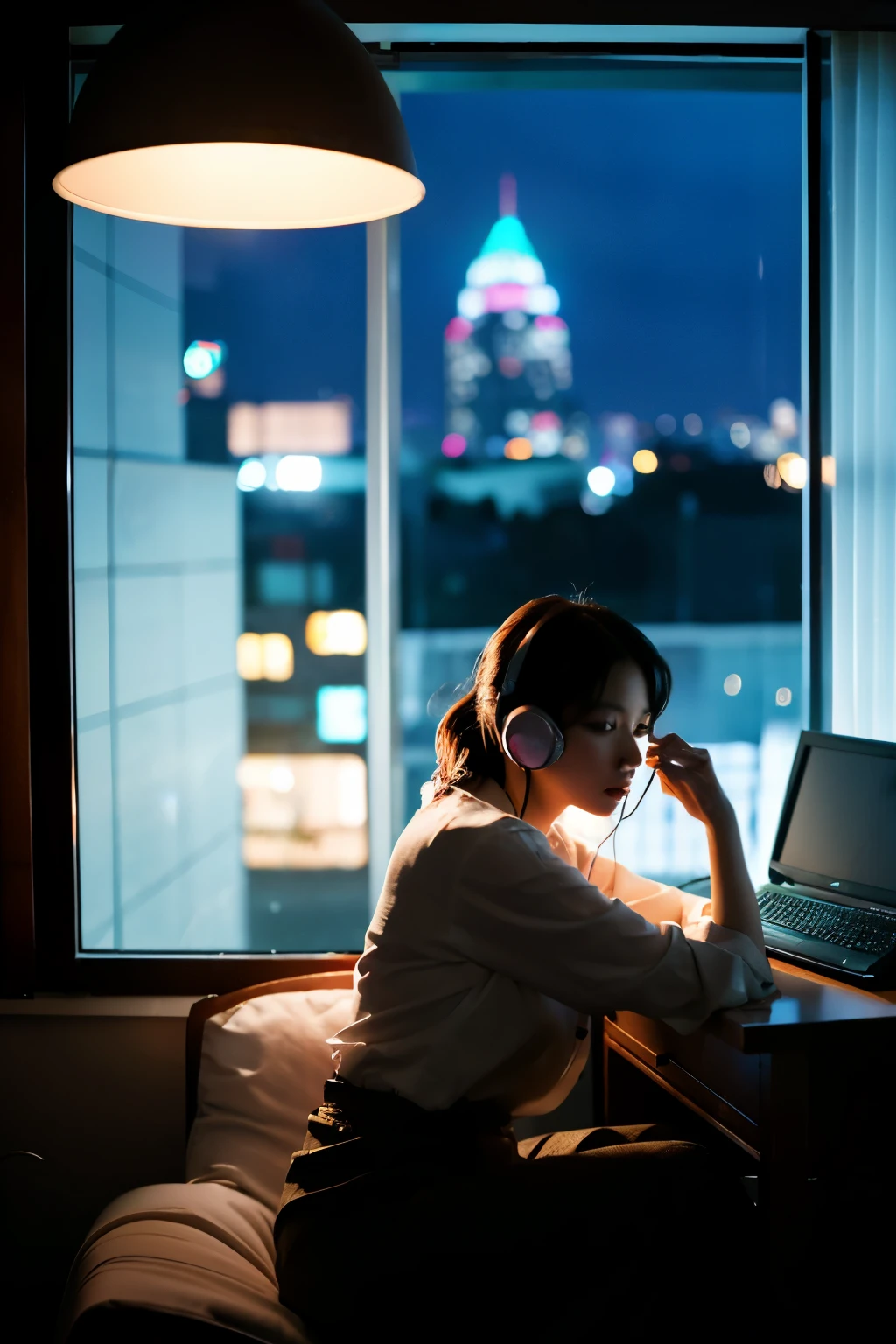 ((highest quality)), ((masterpiece)), (cinematic aesthetic:1.4) Beautiful Korean fashion model bokeh city night photo、A woman wearing headphones is relaxing in her room late at night、The window has a night view and a cat is sleeping beside it、A woman is sitting at a desk and looking at a computer