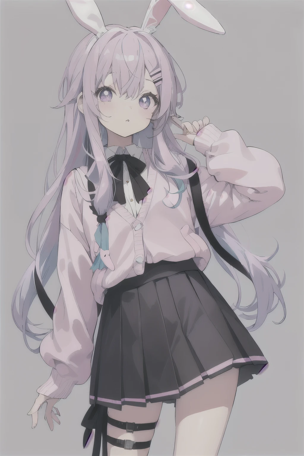 cute medium-sized girl with pastel violet-colored hair, long and wavy hair with a black ribbon behind her hair, pink left eye and sky blue right eye,wearing cute style clothes such as a with a light pink cardigan, gray miniskirt and a ribbon, using black rabbit ear accessories and miffy/bunny hair clips.
