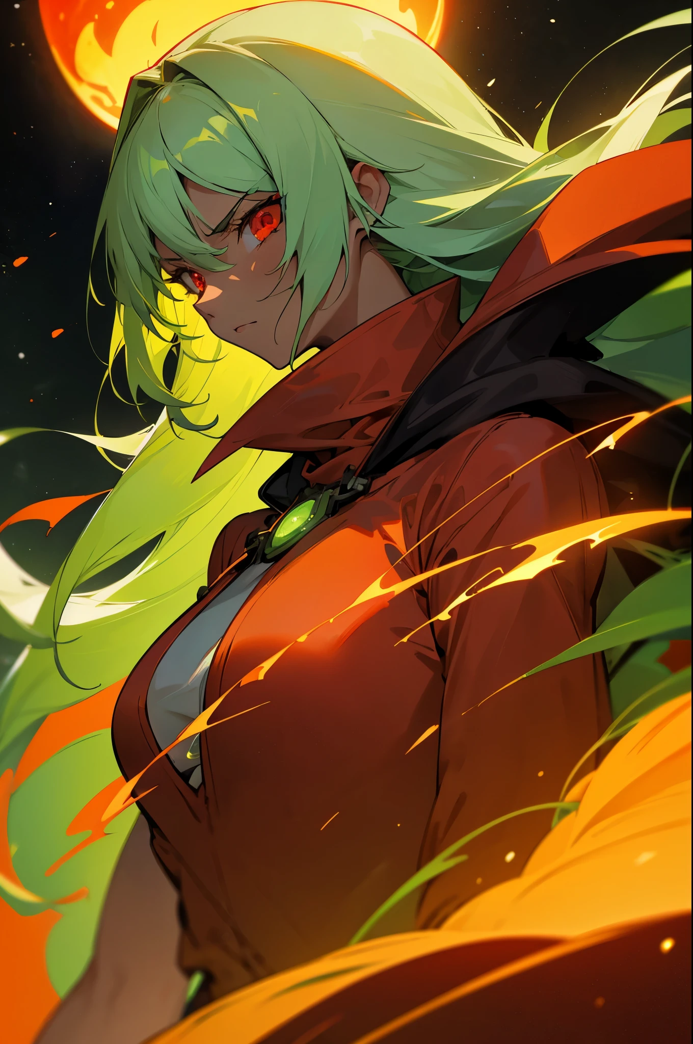 Light Green hair , Fiery Red Eyes, Muscular, straight hair,bangs, young female, green gem on chest,angry expression, space outfit, space background, dark skin,long hair,yellow cloak,
