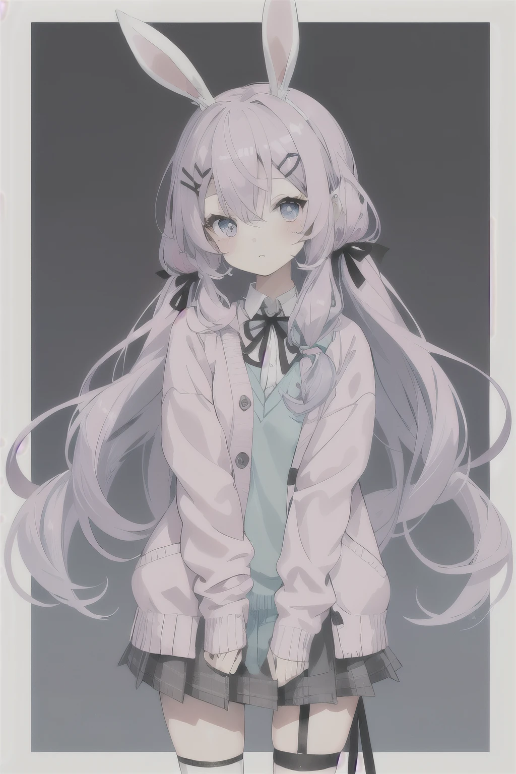 cute medium-sized girl with pastel violet-colored hair, long and wavy hair with a black ribbon behind her hair, pink left eye and sky blue right eye,wearing cute style clothes such as a with a light pink cardigan, gray miniskirt and a ribbon, using black rabbit ear accessories and miffy/bunny hair clips.
