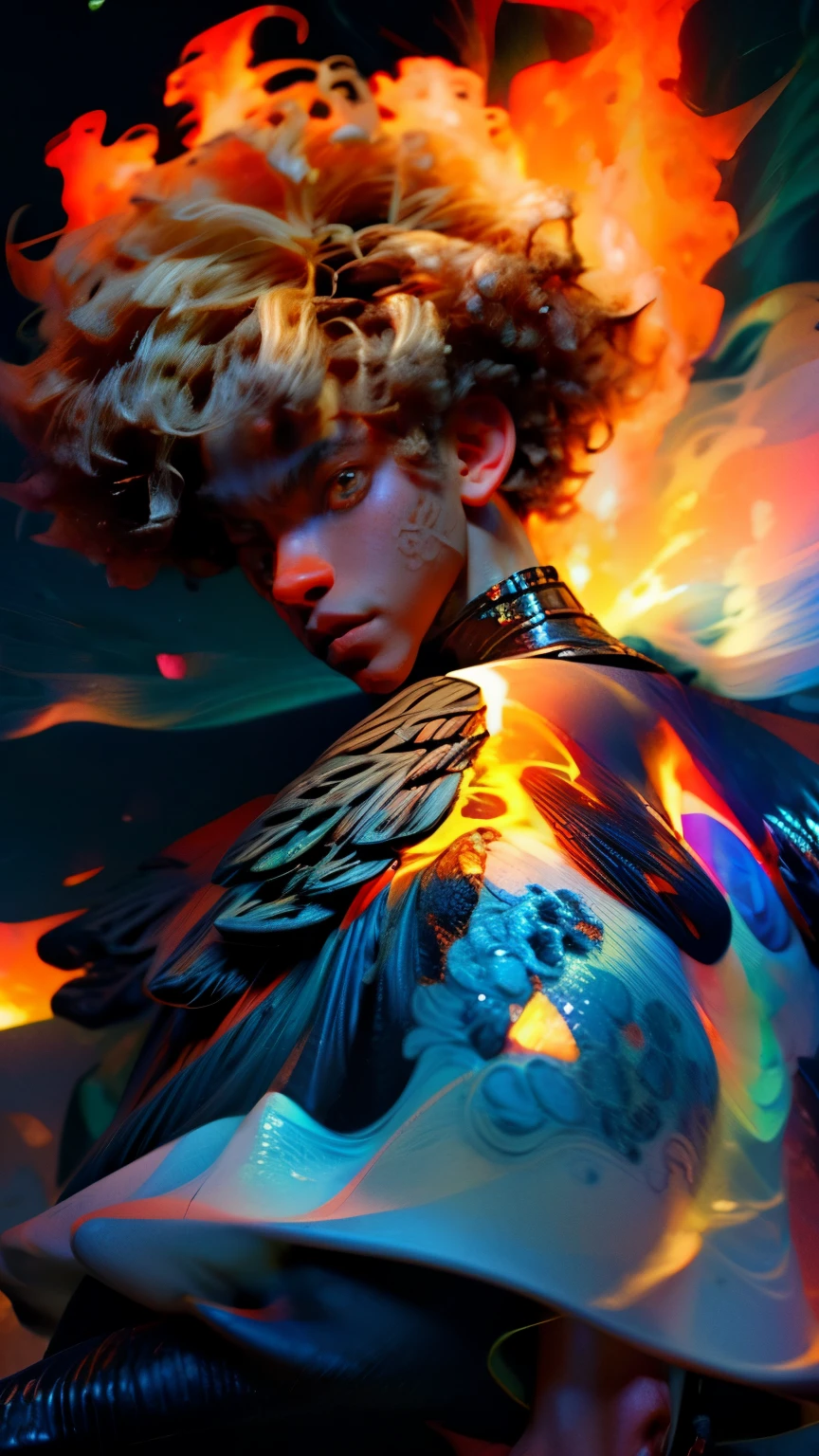 a close up of a person with a black face, Afro American man, black curly Afro, muscular, God, Face resembling Rhea Ripley, Flame Aura, anime art wallpaper 4 k, high resolution, beast form,anime art, black man, glowing eyes, muscular,badass anime 8 k, anime epic artwork, 4 k manga wallpaper, ultra hd anime wallpaper